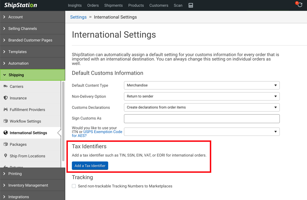 Tax Identifiers section of International settings highlighted with Add a Tax ID button