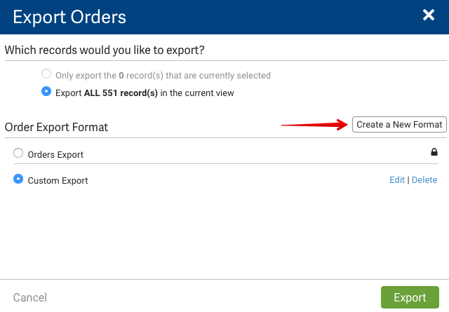 Fenêtre contextuelle d'importation de commande. Flèche rouge pointant vers le bouton Créer un nouveau format