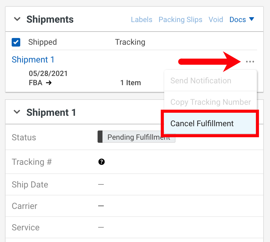 Red arrow points to three dots menu and red box highlights Cancel Fulfillment menu option in Order Details Shipment panel.