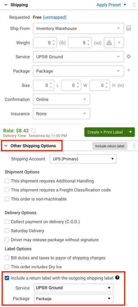 Shipping Sidebar with Other Shipping Options and Include a Return label options selected.