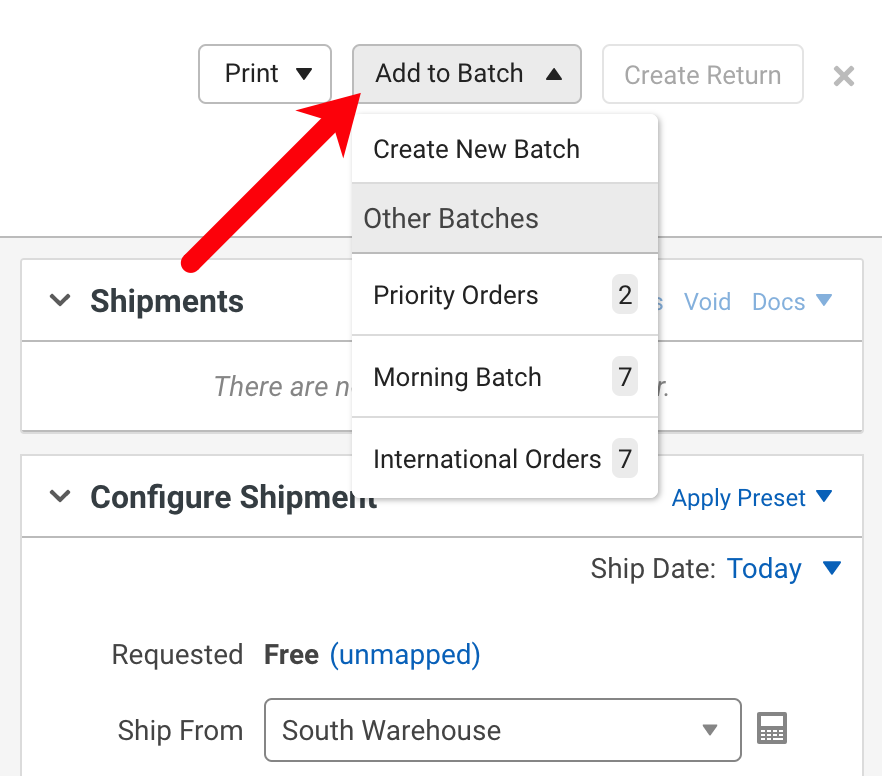 V3 order details. Red arrow points to Add to Batch button with options revealed.