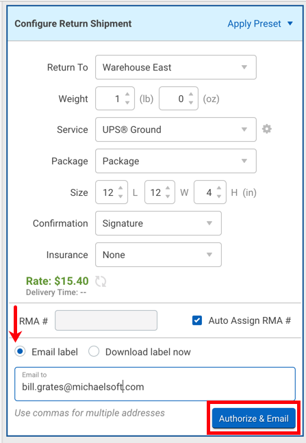 Closeup of Configure Return Shipment Widget. Red arrow to Email Label option, box highlights Authorize & Email button.