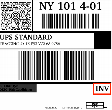 Exemple d'étiquette UPS avec INV mis en surbrillance.