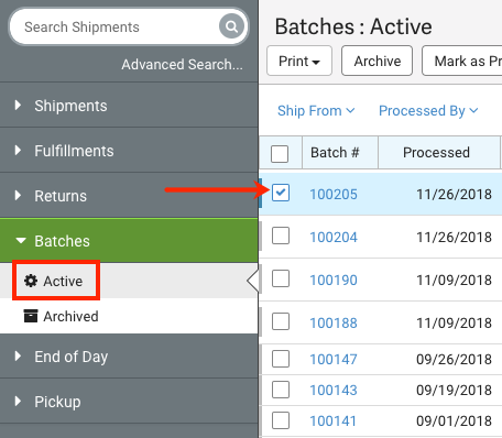 Batches menu with Active option selected and arrow pointing to checkbox by an active batch.