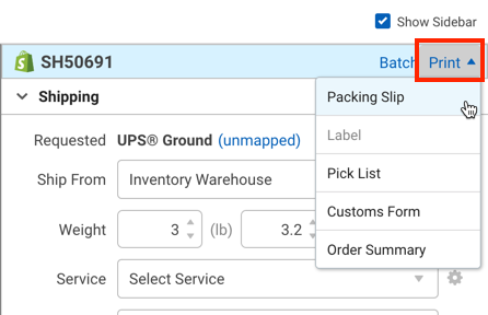 V3 Orders tab shipping sidebar. Red box highlights the Print menu with its dropdown options.