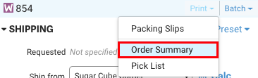Red box highlights Order Summary option in Print dropdown