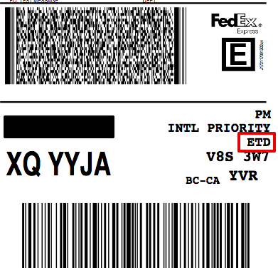 Étiquette FedEx International mettant en surbrillance la désignation « ETD » pour les documents commerciaux électroniques.