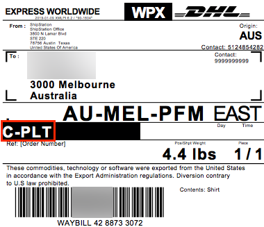 Étiquette DHL Express mettant en surbrillance la désignation « C-PLT » pour la soumission Commerciale sans papier des douanes