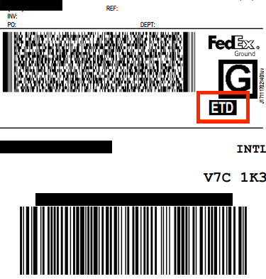 Étiquette FedEx Ground mettant en surbrillance la désignation « ETD » pour la soumission de documents commerciaux électroniques.