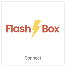 Logo FlashBox en lettres rouges, éclair jaune. Bouton Connecter lié à la fenêtre contextuelle de connexion
