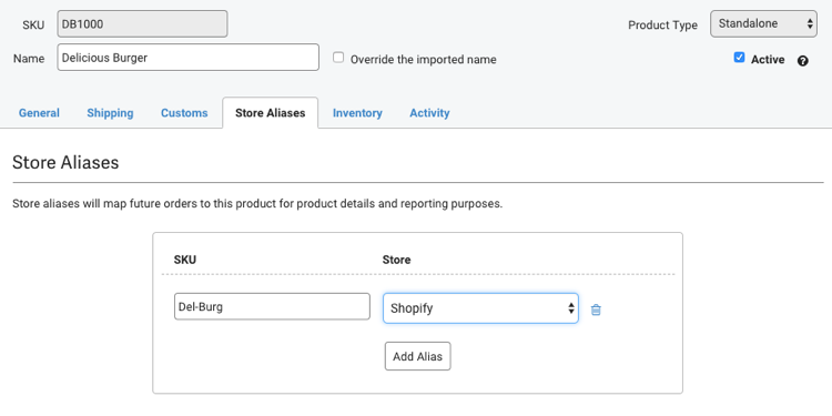 Product details Store aliases tab.