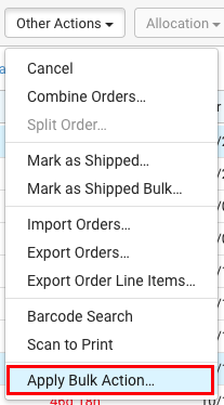 Orders page, Other Actions dropdown. Red box highlights Apply Bulk Action menu option.