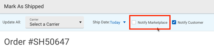 Mark as shipped pop-up. Red box highlights checkbox for Notify Marketplace.