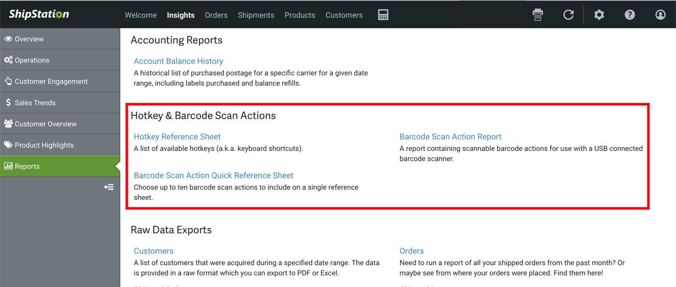 Image: Insights > Reports page, box highlights links 2 hotkey and barcode reference sheets, & barcode scan action report
