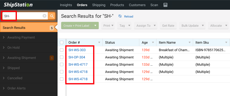 Box highlights search field with text SH-, and the term-matching Order numbers in Order grid.