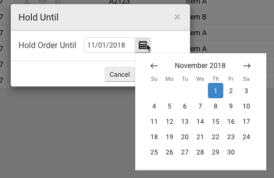 Shows date, year of one-month Calendar from Hold Until pop-up. Selected date highlighted in blue. Arrows to move forward & back in time