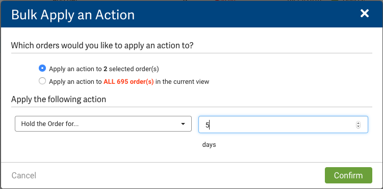 Bulk Apply Action pop-up: has radio buttons for selected orders or all orders, & menus for Actions to Apply. Green Confirm button at right