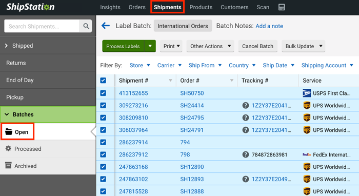 V3 layout with the Shipments tab marked and Open highlighted in the sidebar.