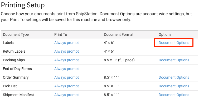 Printing Setup, Label, Options. Red box highlights Document Options action.
