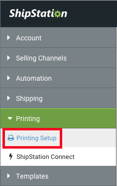 Settings, left-hand sidebar. Under Printing dropdown, red box highlights Printing Setup option.