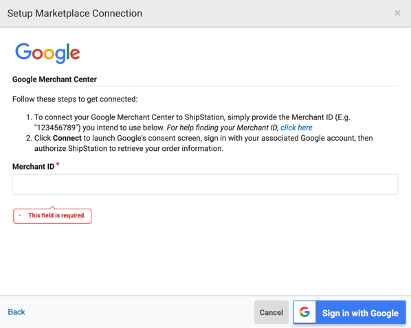 Image : fenêtre contextuelle Configurer la connexion pour Google Store. Le champ de l'identifiant du commerçant est obligatoire.