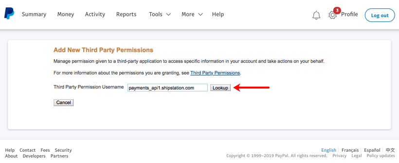 Ajouter de nouvelles autorisations tierces PayPal avec une flèche pointant vers le bouton Rechercher.