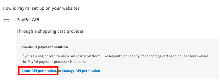 API PayPal avec le lien allouer les permissions API en surbrillance.