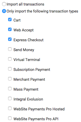 Liste des types de transaction de la connexion PayPal.