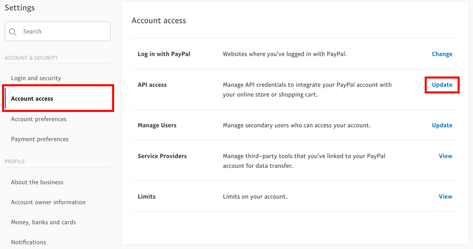 Paramètres PayPal avec le lien de mise à jour Accès au compte et Accès API en surbrillance.