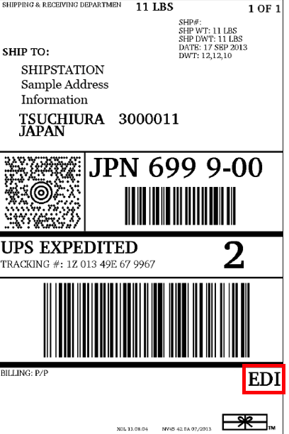 Exemple d'étiquette UPS avec EDI situé dans le coin inférieur.