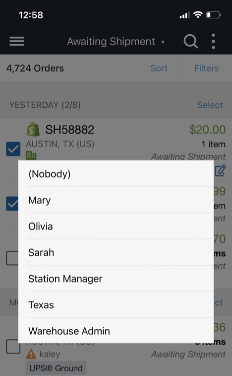 Mobile Order menu displaying Assign Options menu
