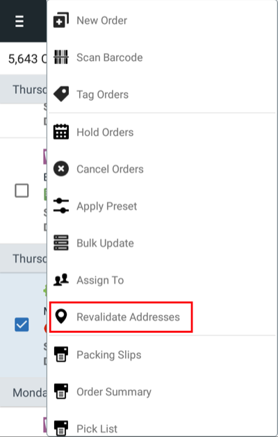 Mobile order Actions menu with Revalidate Addresses highlighted.