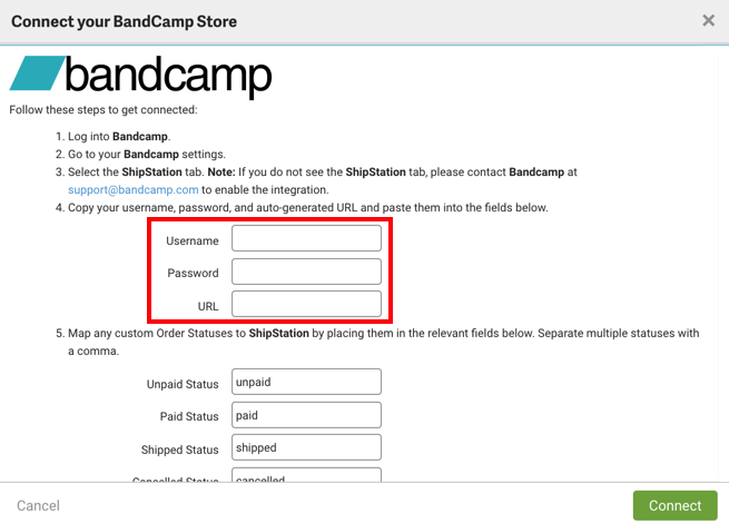 Fenêtre contextuelle de formulaire de connexion à la boutique Bandcamp avec les champs d'identification en surbrillance