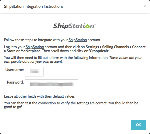 Groopdealz popup. Has ShipStation Integration Instructions & fields for login credentials.