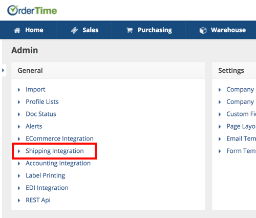 OrderTime Admin General tab with Shipping Integration highlighted.