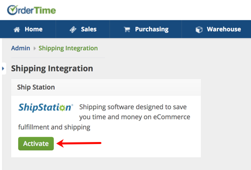 Intégration Ordertime Shipping ShipStation avec une flèche pointant vers le bouton Activer.