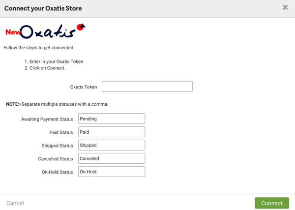 Connect Oxatis store with fields for Oxatis Token and a list of statuses.