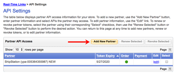 Menu d'accès API partenaire Yahoo avec flèche pointant vers le bouton Ajouter un nouveau partenaire.