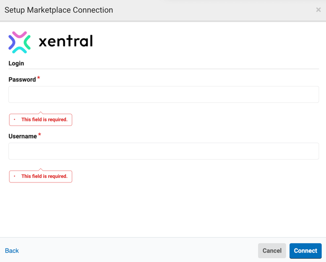 Xentral connection screen, shows fields for Password and Username.