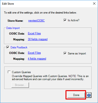 ODBC client edit store with done button highlighted.