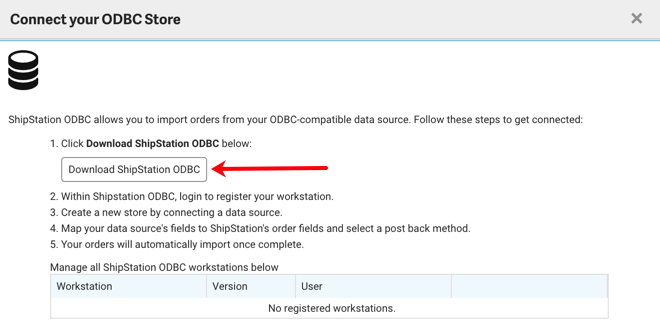 ODBC Settings with arrow pointing to the download ShipStation ODBC.