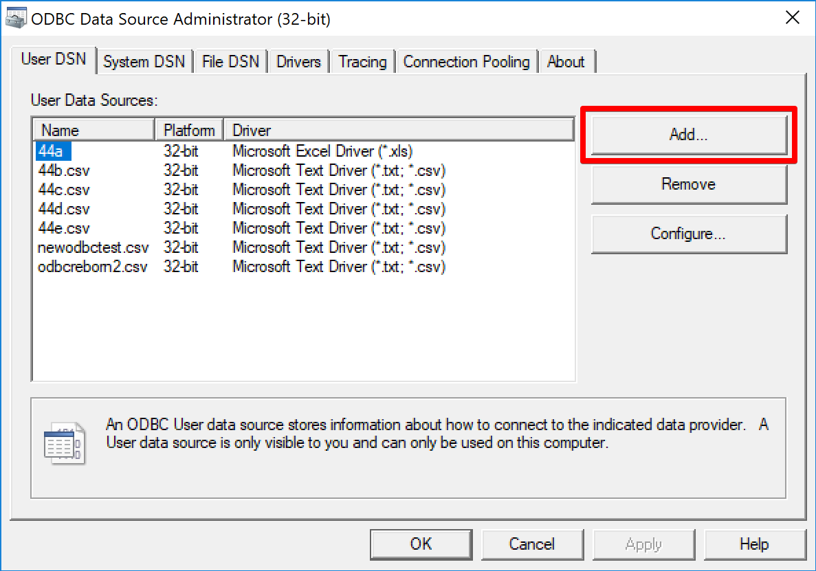 ODBC client add new data source with Add button highlighted.