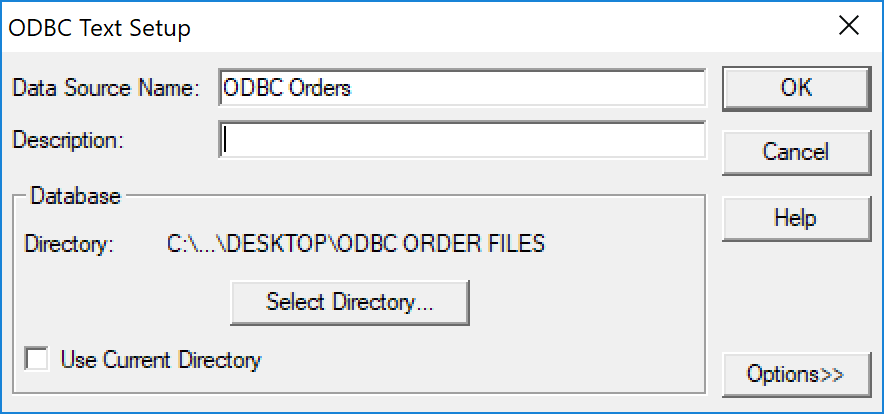 ODBC Text Setup menu