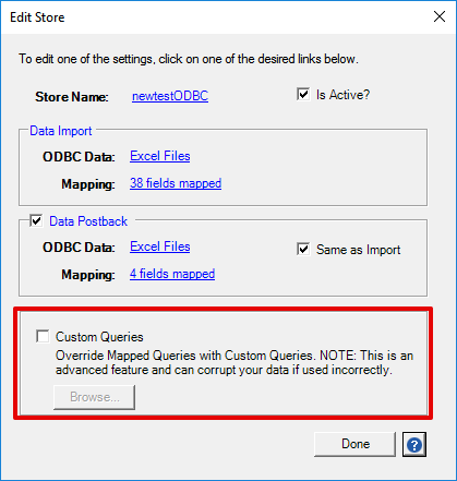 ODBC client Edit store with Custom queries option highlighted.
