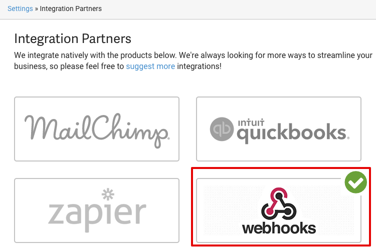 Icône Partenaires d'intégration avec webhooks en surbrillance