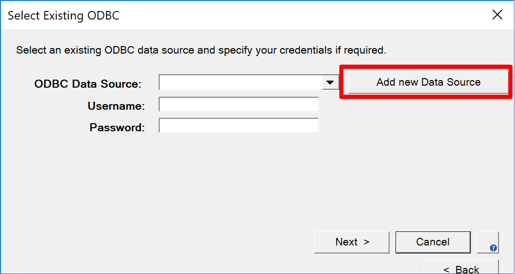 ODBC Select Existing with Add new data source button highlighted.