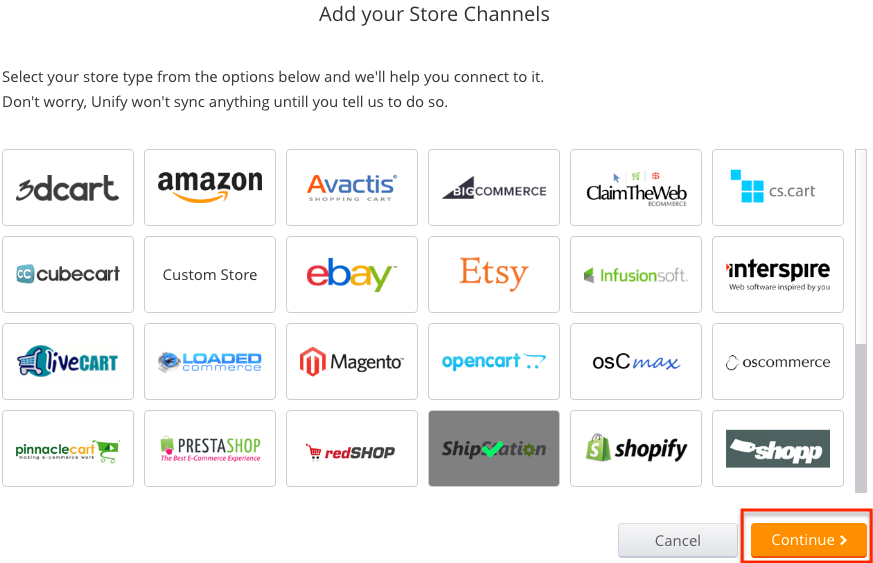 Unify Add store with continue button highlighted.