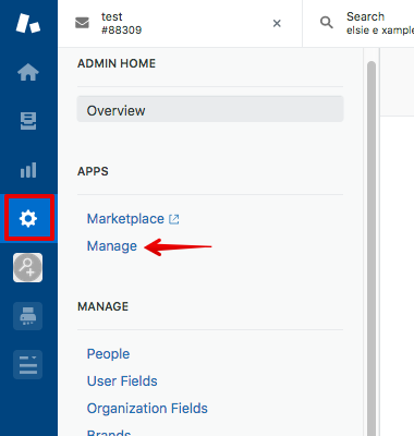 Zendesk Apps manage menu with gear icon highlighted and arrow pointing to Manage menu option.