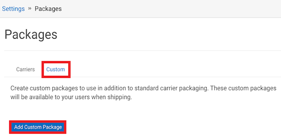 Under Packages, the Custom tab is highlighted and Add Custom Package underneath is marked