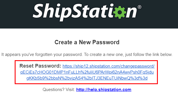 Lien de réinitialisation du mot de passe mis en surbrillance dans le courriel « Créer un nouveau mot de passe » de ShipStation.